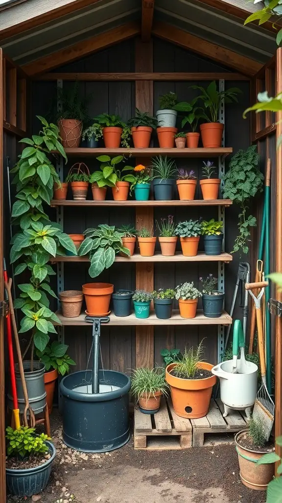 A garden shed interior with vertical shelves filled with potted plants and gardening tools.