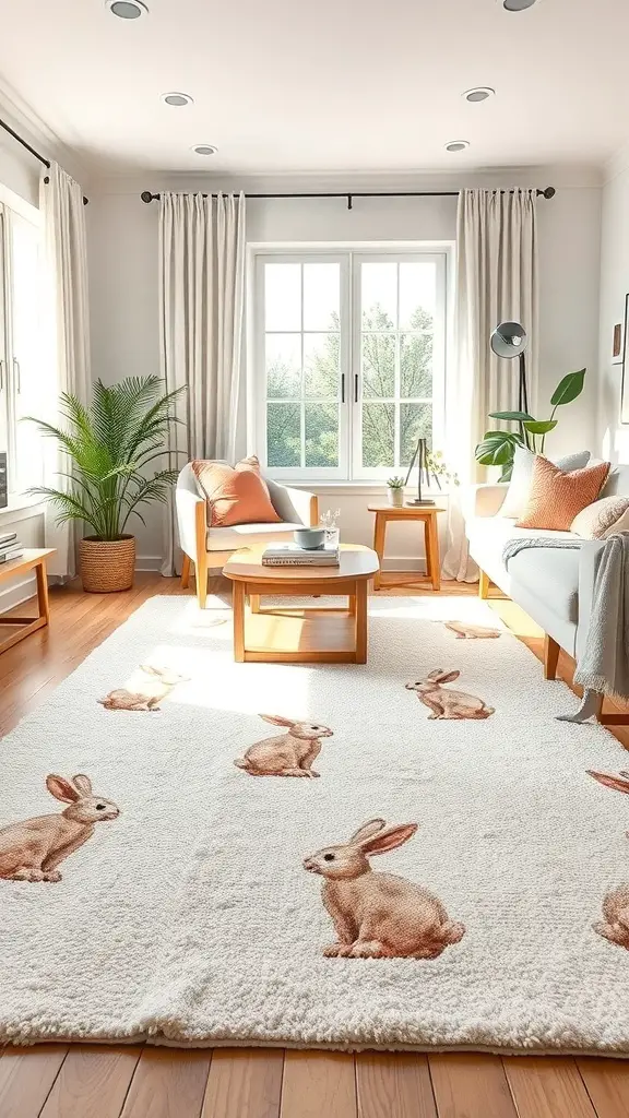 A cozy living room with a bunny-inspired rug featuring cute bunny illustrations.