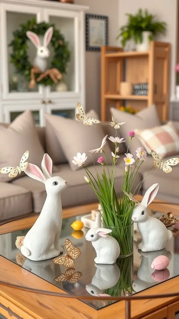 A spring-themed coffee table decor featuring white bunnies, colorful flowers, and butterflies.