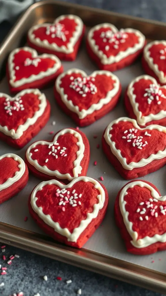 A tray of red velvet heart cookies decorated with cream cheese frosting and sprinkles.