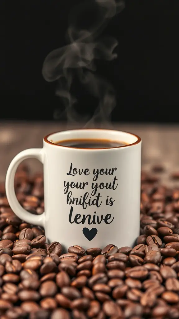 A personalized white mug surrounded by coffee beans, featuring a playful message.