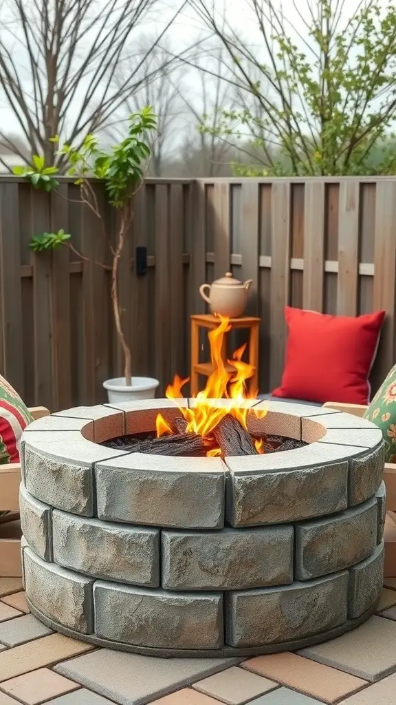 Cinder block fire pit with flames and surrounding seating area