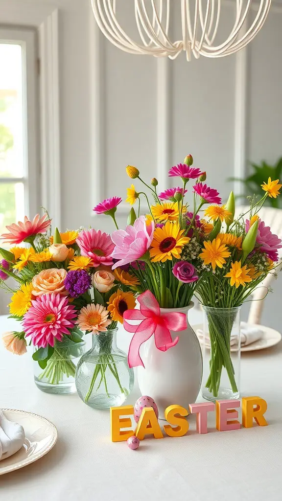 A vibrant spring floral arrangement with various flowers in different vases, alongside colorful Easter decorations.