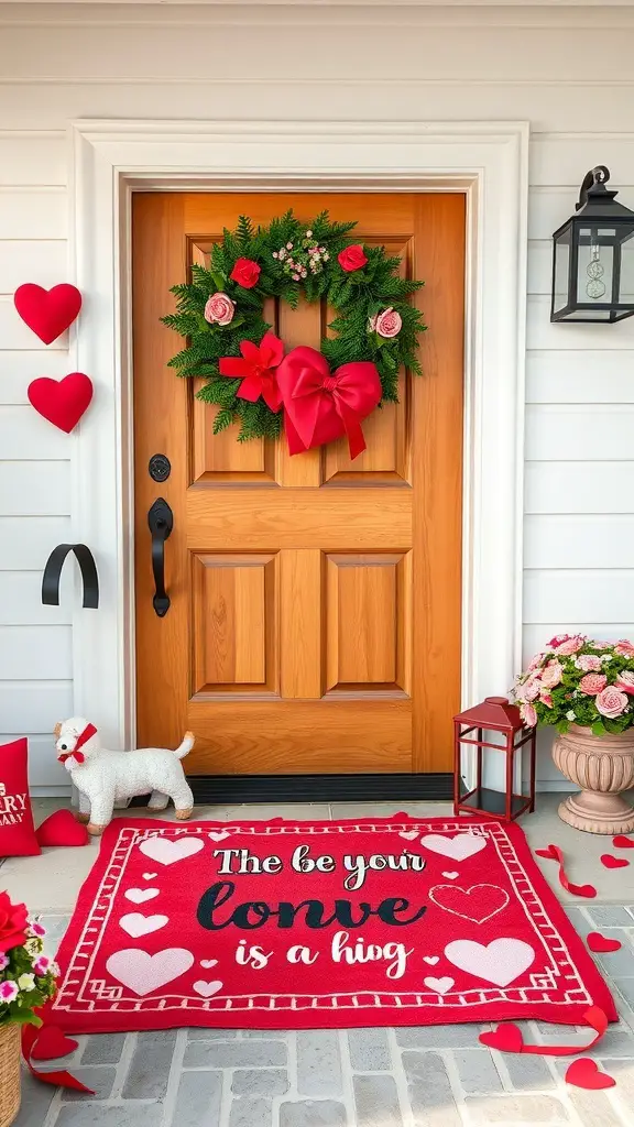 23+ Gorgeous Valentine's Day Porch Decor Ideas You’ll Love 6 A festive Valentine's Day porch decor featuring a red door mat with hearts and a welcoming message, a wreath with roses, and heart decorations.