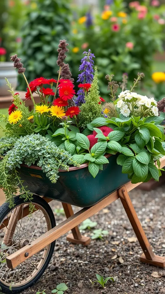 29+ Creative Wheelbarrow Garden Ideas 16 A colorful wheelbarrow filled with various flowers and herbs, showcasing a vibrant garden display.