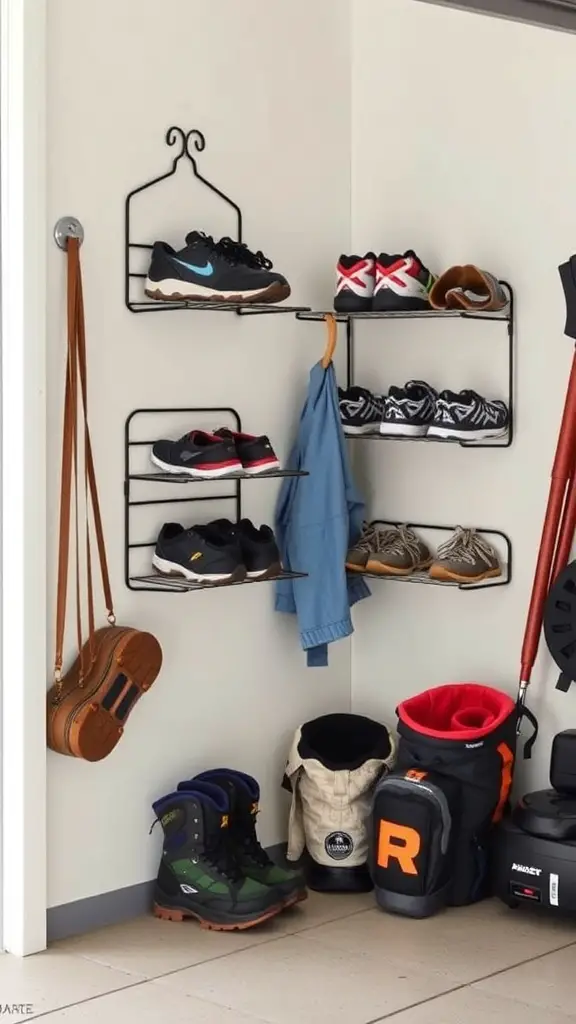 Organized shoe storage solution with wall-mounted shelves and various types of shoes.