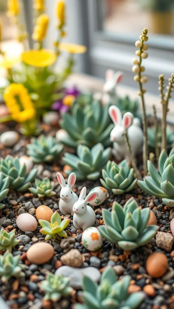 A succulent garden decorated with Easter eggs and bunny figurines