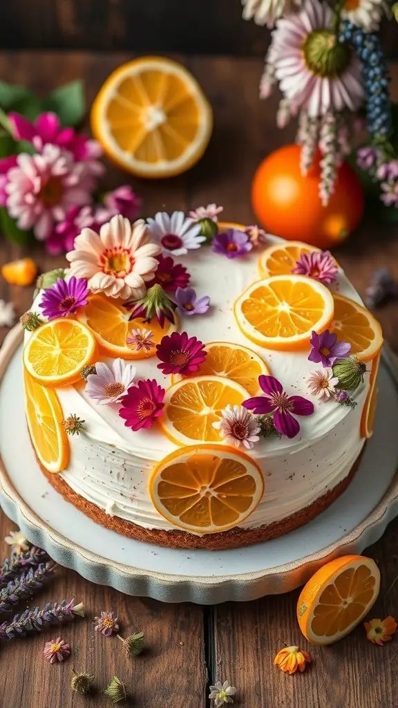 A beautifully decorated Wildflower and Citrus Zest Cake with orange slices and colorful flowers.