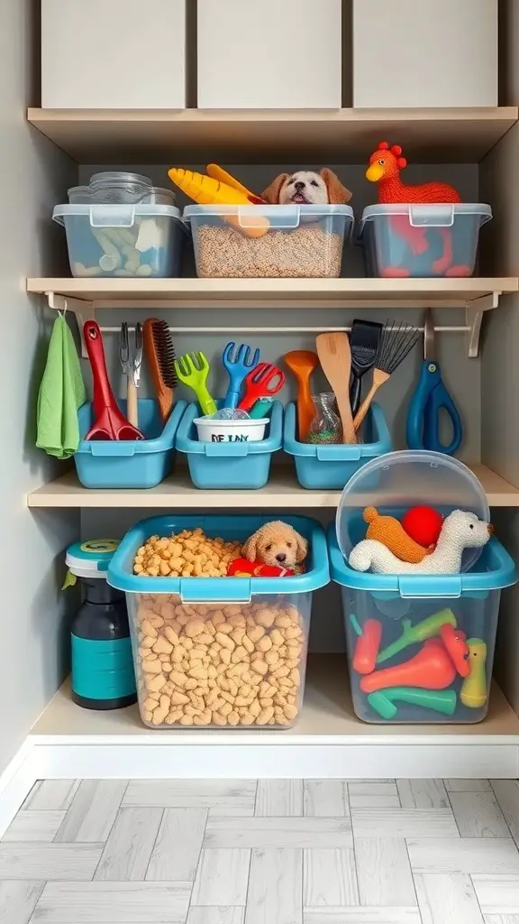 Colorful plastic bins organized on a shelf, containing pet supplies like food, toys, and grooming tools.