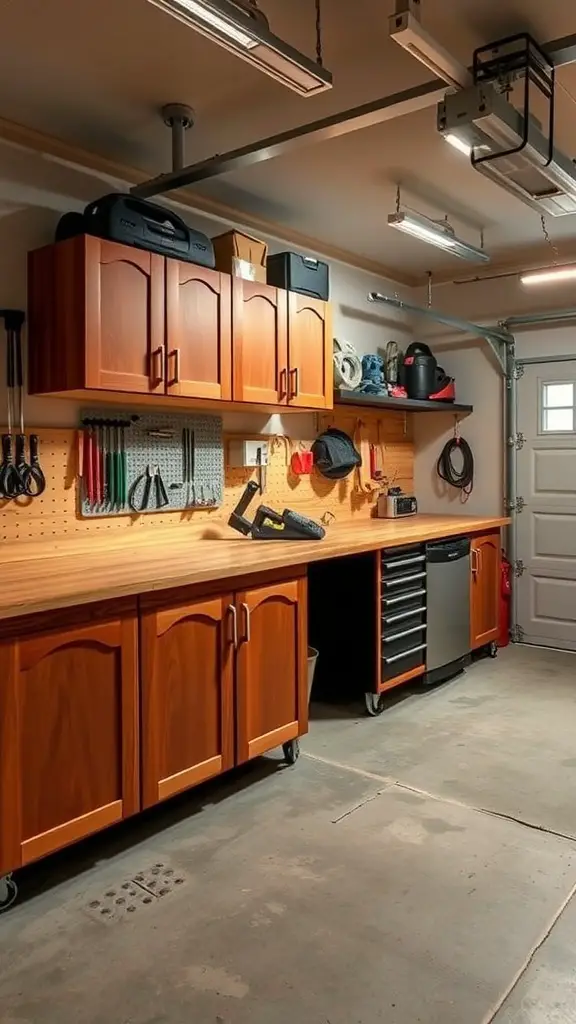 27+ Stylish Garage Cabinet Ideas for an Organized Space 8 Garage with under-bench cabinets and a workbench, showcasing organized tools and supplies.