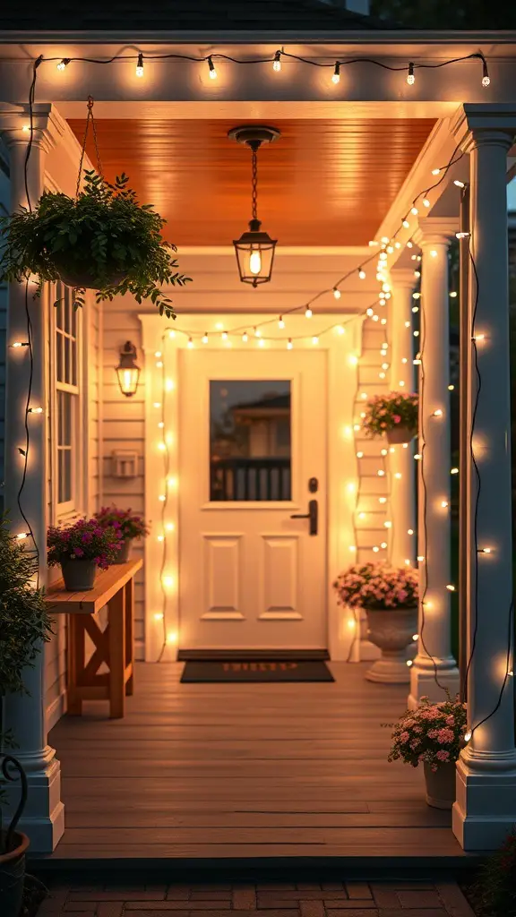 A beautifully lit front porch with string lights, plants, and a welcoming door.