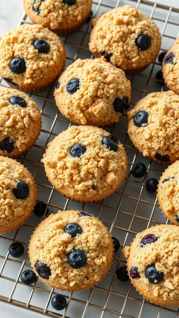 Freshly baked blueberry muffins with crumb topping on a cooling rack