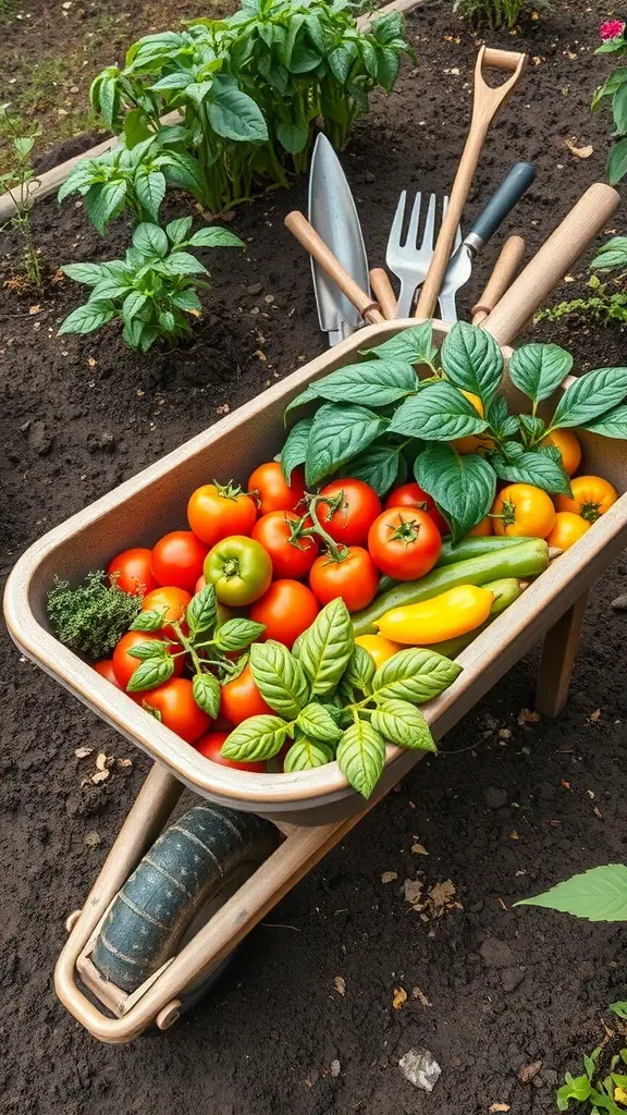 29+ Creative Wheelbarrow Garden Ideas 8 A wheelbarrow filled with ripe tomatoes, peppers, and herbs in a garden setting.