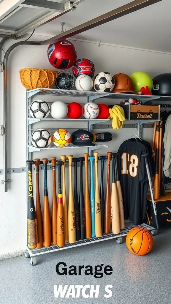 Organized garage wall storage with sports equipment including balls and bats.
