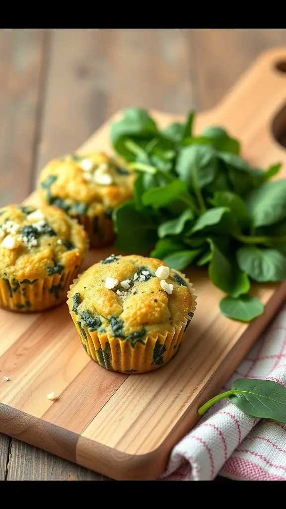 Savory spinach and feta muffins on a wooden board with fresh spinach leaves.