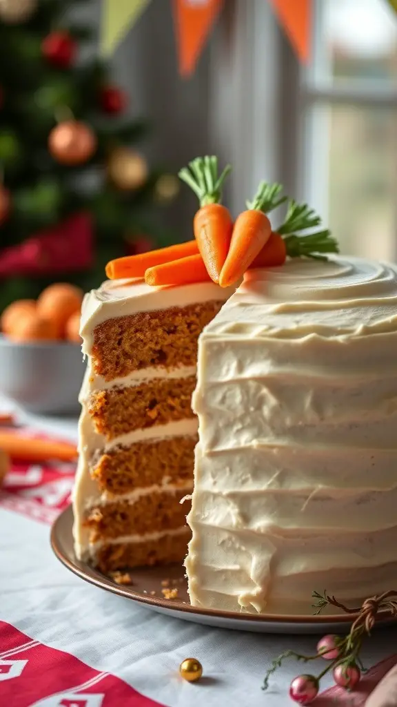 A layered carrot cake with cream cheese frosting and fresh carrots on top.