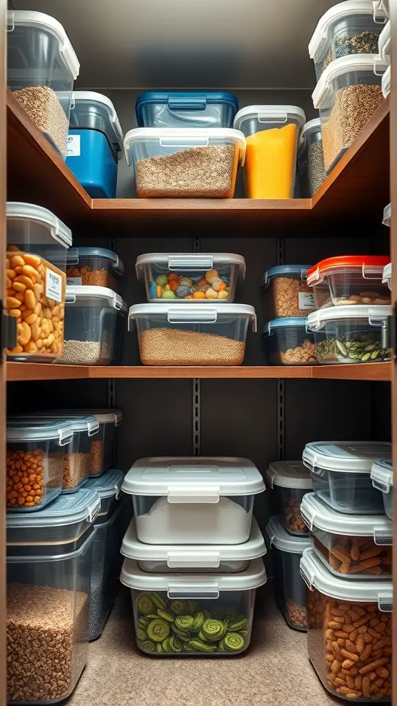 29+ Creative Small Pantry Ideas to Maximize Space 11 A well-organized pantry with stackable containers filled with various food items.