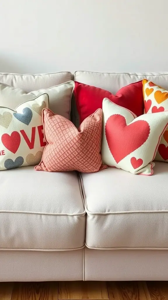23 Adorable Valentine's Day Room Decor Ideas You’ll Love 4 A cozy couch with various throw pillows featuring heart designs in red, pink, and pastel colors.