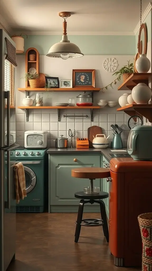 A vintage-inspired kitchen featuring retro appliances, open shelving, and warm wood accents.
