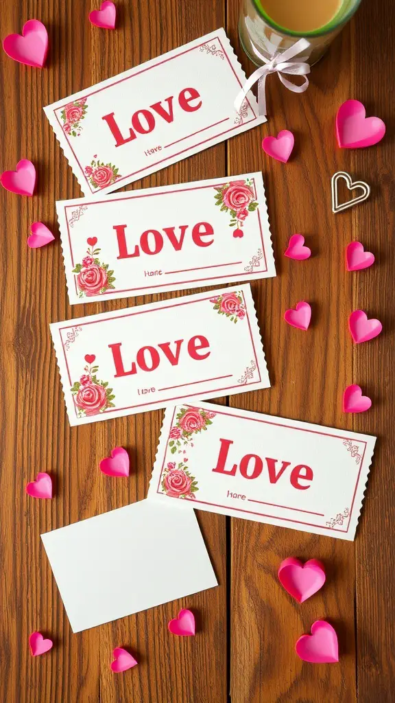 29+ Creative Valentine’s Crafts to Sell This Season 6 Personalized love coupons with floral designs and heart decorations on a wooden table
