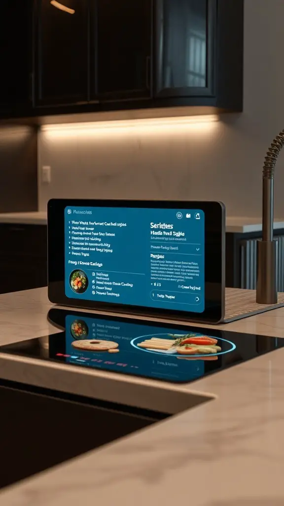 A digital recipe display mounted on a kitchen wall, showing a list of recipes and cooking times.