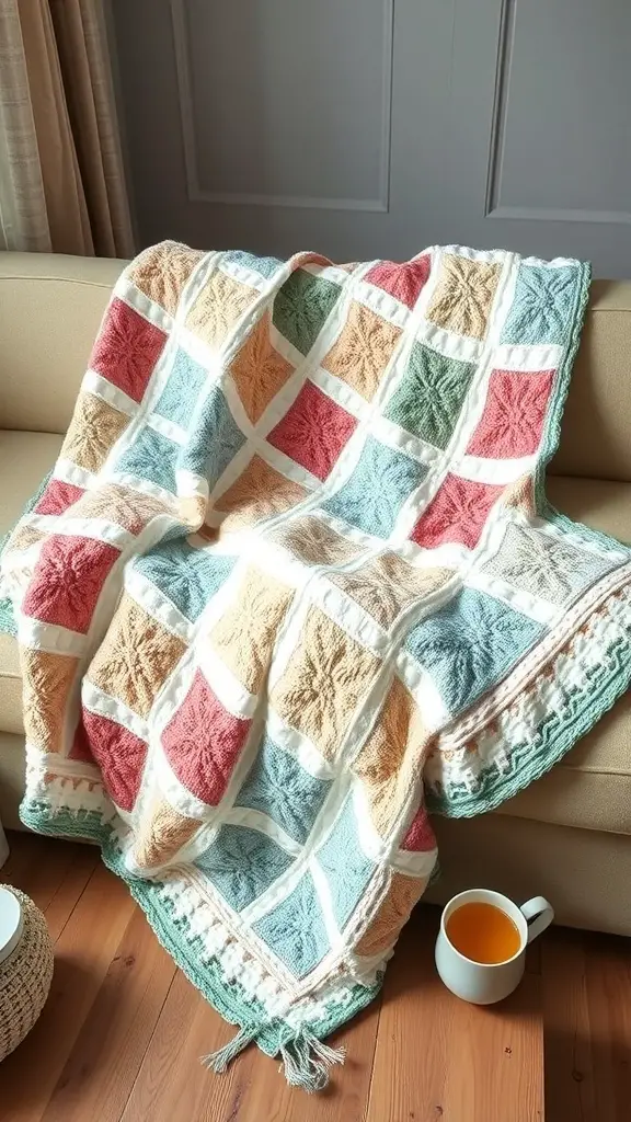 A handmade quilted blanket draped over a couch, featuring colorful squares and a cup of tea beside it.