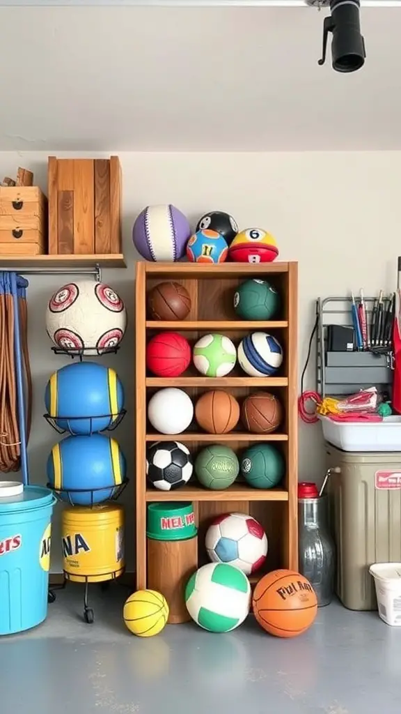 Organized ball storage in a garage with shelves and bins.