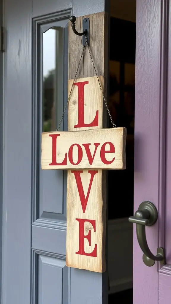 Rustic wooden sign with the word 'Love' on a door, accompanied by a wreath.