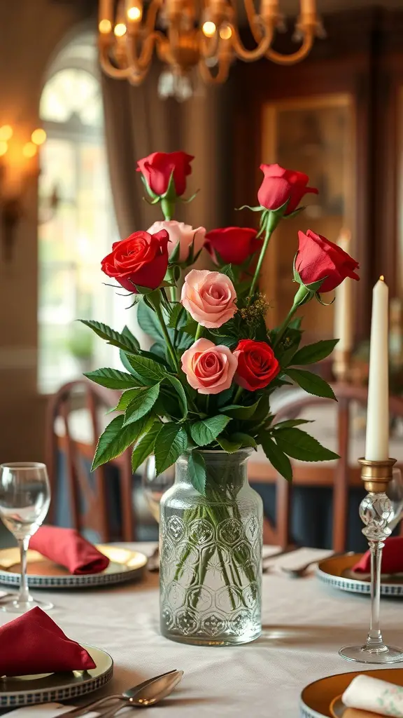 23 Adorable Valentine's Day Room Decor Ideas You’ll Love 5 A beautiful arrangement of red and pink roses in a glass vase on a dining table, surrounded by elegant table settings.