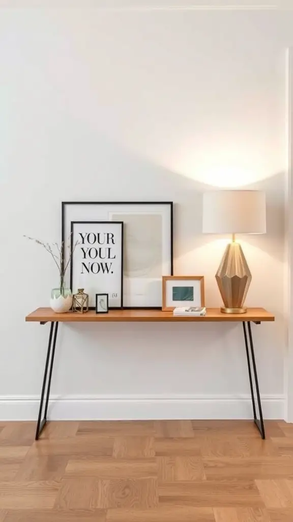 A modern entryway table featuring a wooden top with black legs, framed art, a lamp, and decorative items.