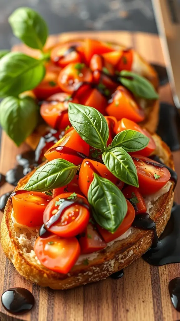 Bruschetta topped with diced tomatoes and basil on toasted bread with balsamic glaze
