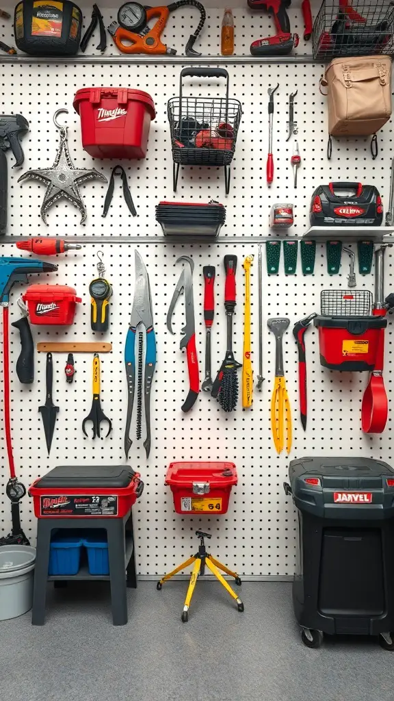 A well-organized garage pegboard with various tools and storage solutions.