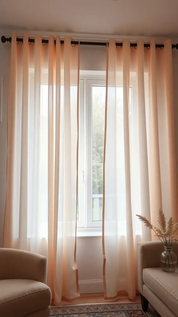 Bright peach sheer curtains hanging in a living room