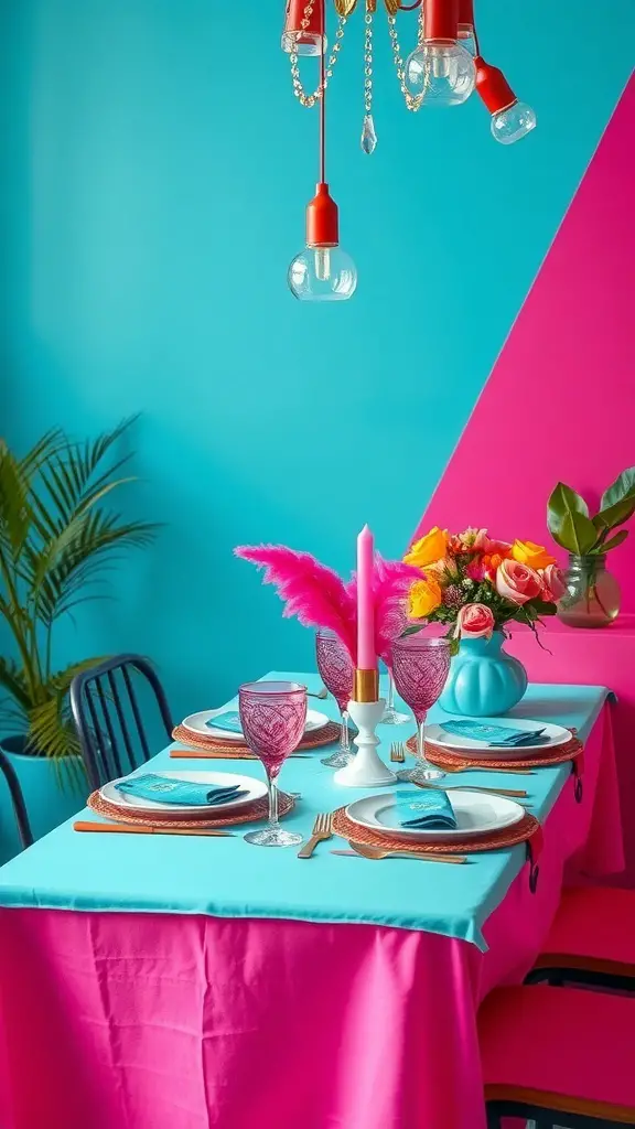 A vibrant Valentine's Day table setting featuring pink and turquoise colors with decorative elements.