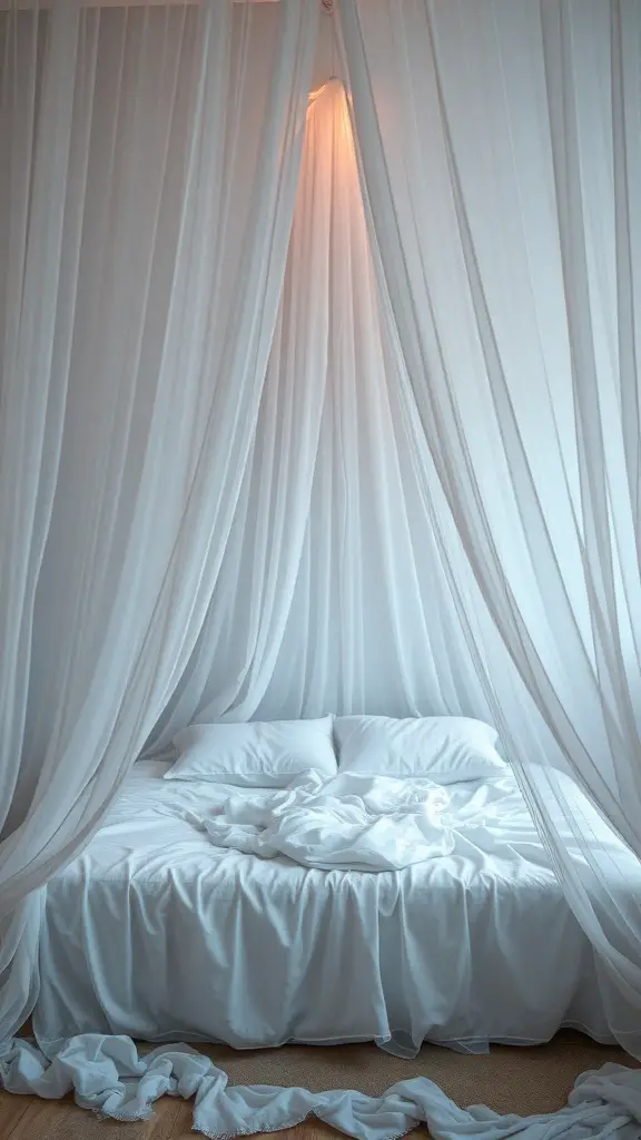 A romantic canopy over a bed with soft white fabric and warm lighting.