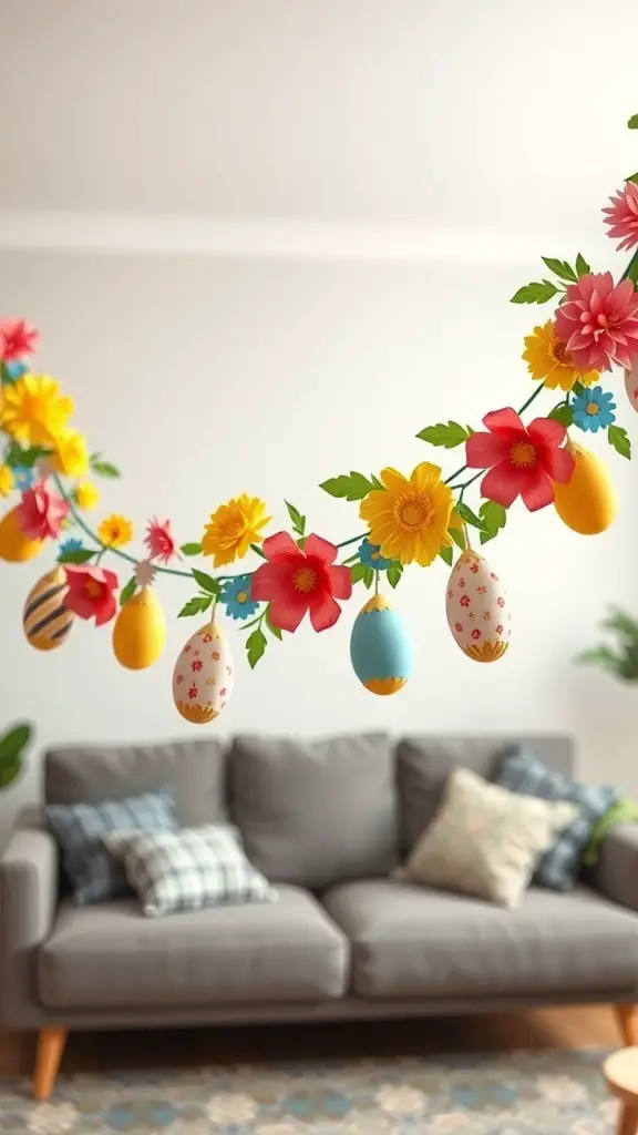 A colorful spring garland with flowers and Easter eggs hanging in a living room.