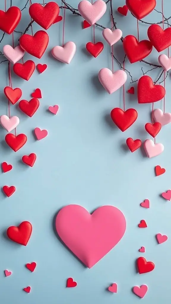 Colorful heart decorations in shades of red and pink