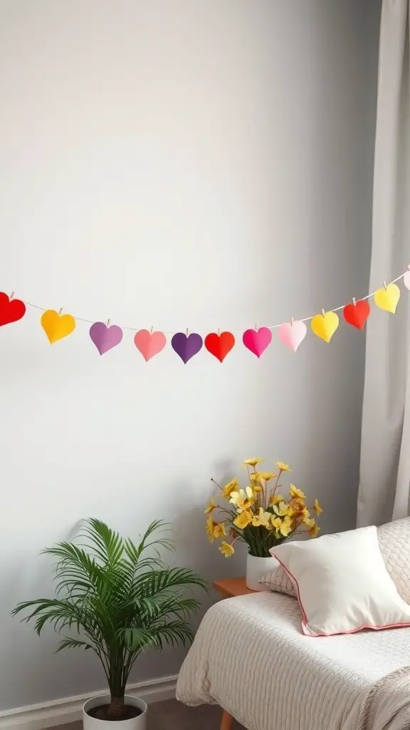 23 Adorable Valentine's Day Room Decor Ideas You’ll Love 10 Colorful heart garland hanging on a wall with a plant and flowers in the background.
