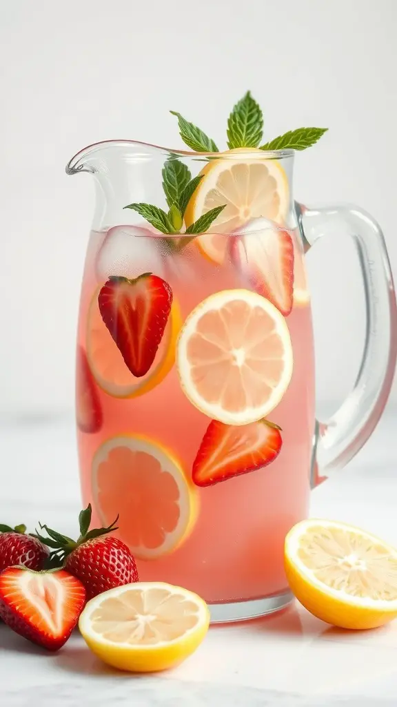 A pitcher of pink lemonade punch with strawberries and lemon slices
