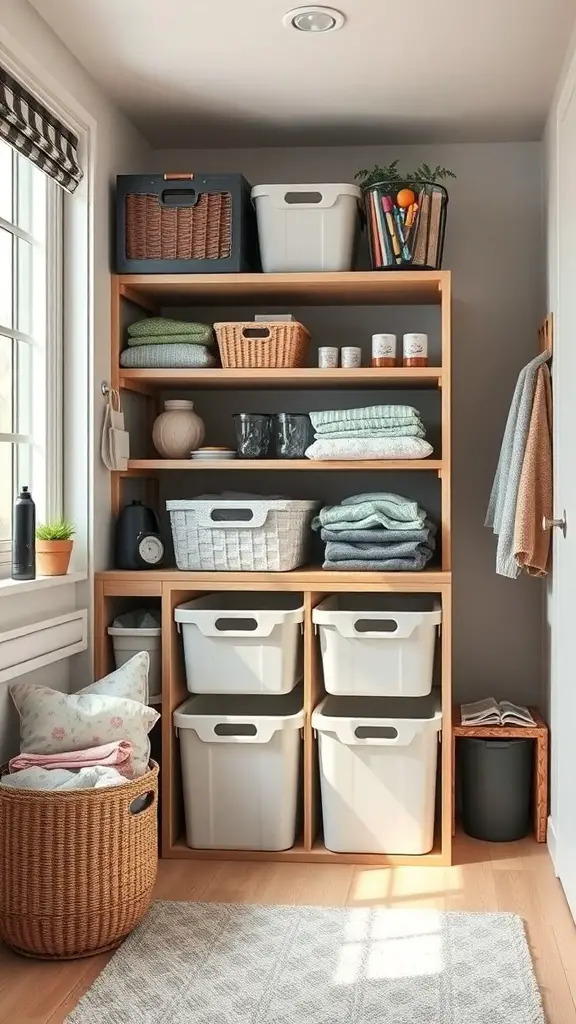 29+ Creative Bin Organization Ideas 10 Organized shelving unit with bins and baskets in a small space