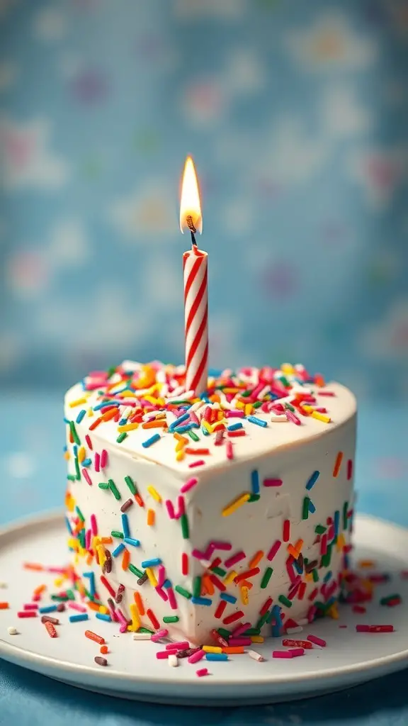 A heart-shaped funfetti cake topped with colorful sprinkles and a lit candle.