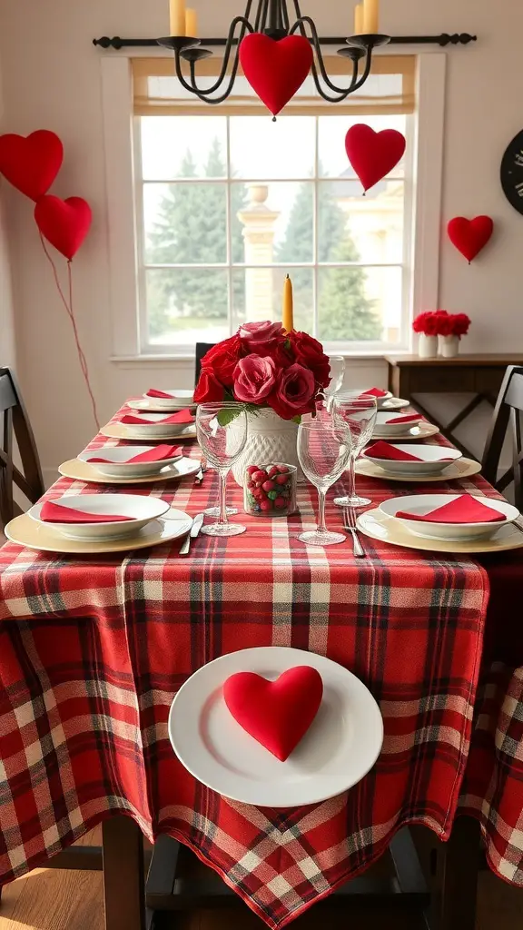 A beautifully set dining table with plaid table linens, heart-shaped decorations, and a floral centerpiece for Valentine's Day.