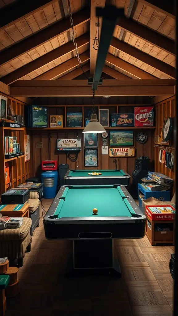 27+ Creative Party Shed Ideas 16 A cozy game room shed featuring a pool table and vintage game posters on the walls.
