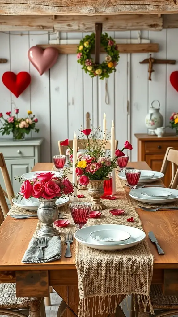 A beautifully set rustic farmhouse table for Valentine's Day, featuring flowers, candles, and heart decorations.