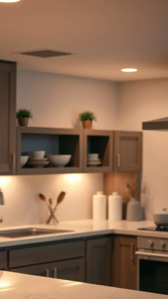 A modern kitchen with mood lighting above the countertops, featuring soft glow and stylish decor.