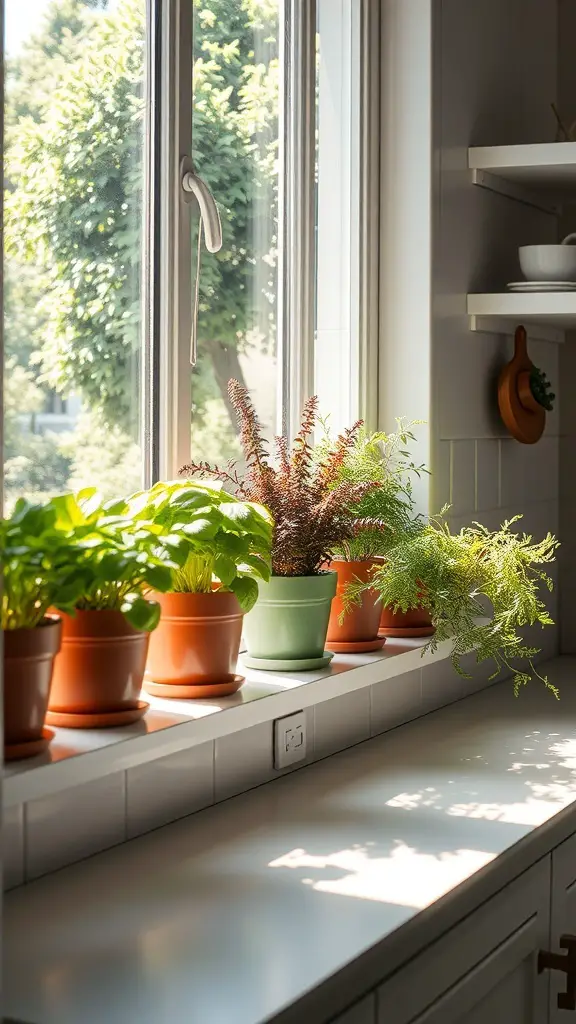 A bright kitchen windowsill with various potted herbs, including basil and parsley, basking in sunlight.