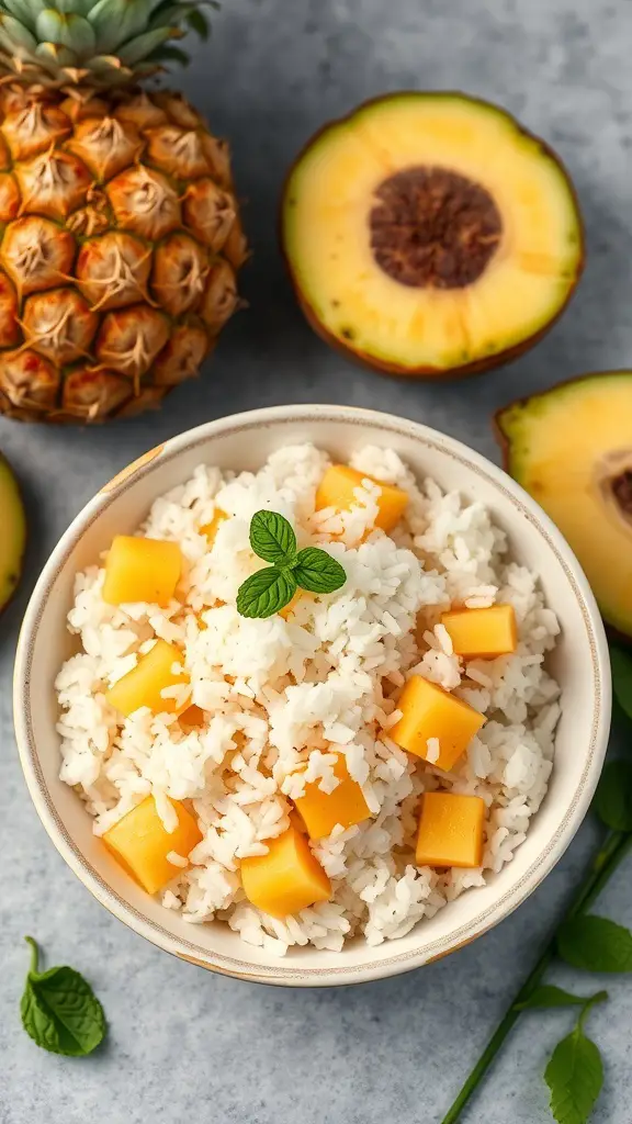 A bowl of pineapple coconut rice topped with mint leaves, surrounded by fresh pineapples.