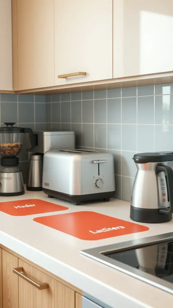A modern kitchen countertop with labeled zones for appliances like a toaster, coffee maker, and kettle.