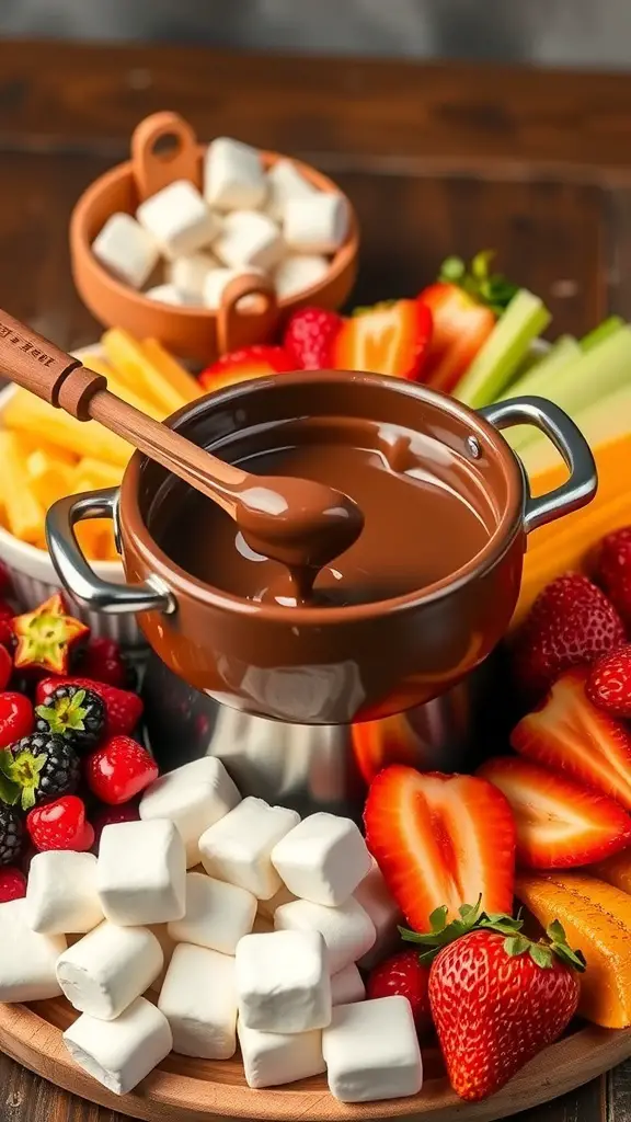A pot of melted chocolate surrounded by fresh fruits and marshmallows for fondue.