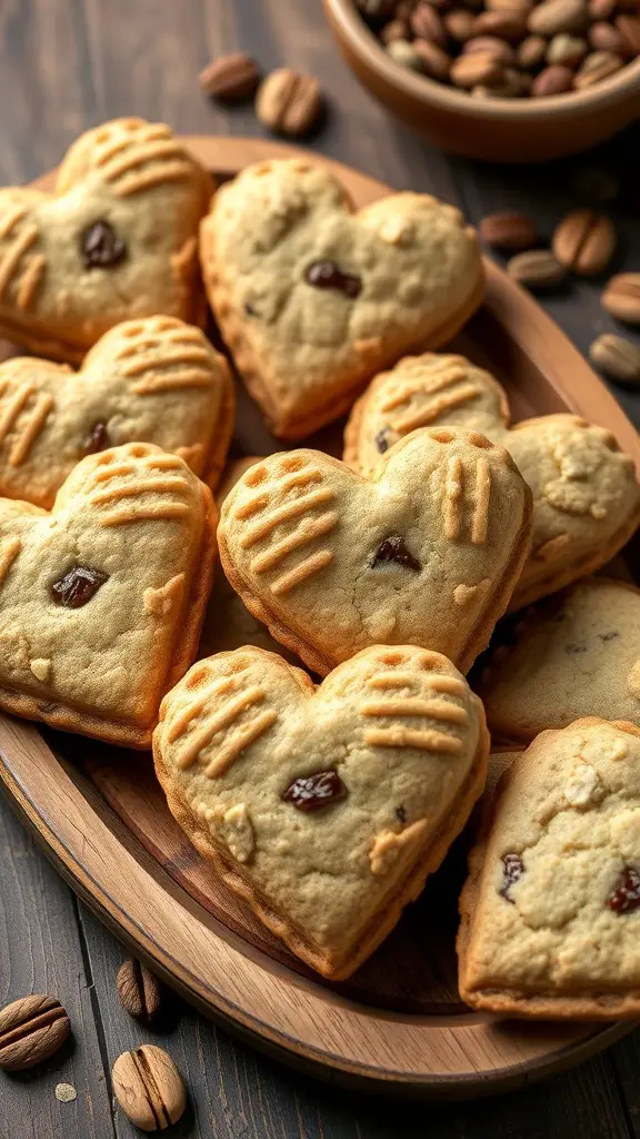A platter of heart-shaped oatmeal raisin cookies, freshly baked and golden brown.